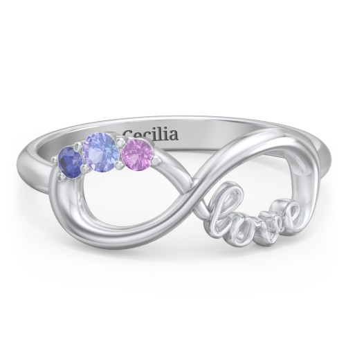 Birthstone Infinity Love Ring – Sterling Silver with Tanzanite, Blue Sapphire, and Amethyst