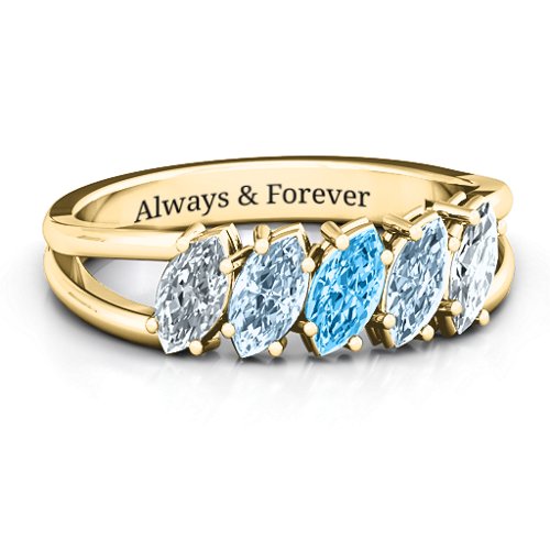 Angled Marquise Ring – 10K Yellow Gold with Cubic Zirconia, Aquamarine, and Blue Topaz
