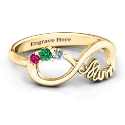 Mum's Infinite Love with Stones Ring in 10K Solid Yellow Gold with Emerald, Ruby, Cubic Zirconia, White Premium Zirconia, Aquamarine, Blue Topaz, and Blue Sapphire