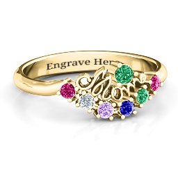 4 - 9 Stone Mom's Glimmering Love Ring in 10K Solid Yellow Gold with Emerald, Ruby, Cubic Zirconia, Amethyst, and Blue Sapphire