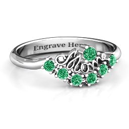 4 - 9 Stone Mom's Glimmering Love Ring in 925 Sterling Silver with Emerald, Amethyst, and Cubic Zirconia