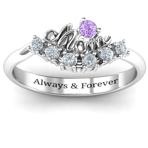 4 - 9 Stone Mom's Glimmering Love Ring – Sterling Silver with Amethyst and Cubic Zirconia