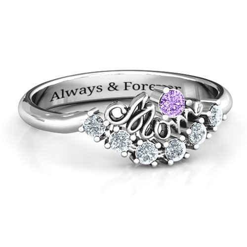 4 - 9 Stone Mom's Glimmering Love Ring – Sterling Silver with Amethyst and Cubic Zirconia