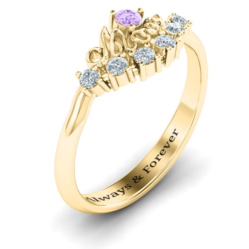 4 - 9 Stone Mom's Glimmering Love Ring – 10K Yellow Gold with Amethyst and Cubic Zirconia