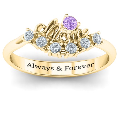 4 - 9 Stone Mom's Glimmering Love Ring – 10K Yellow Gold with Amethyst and Cubic Zirconia