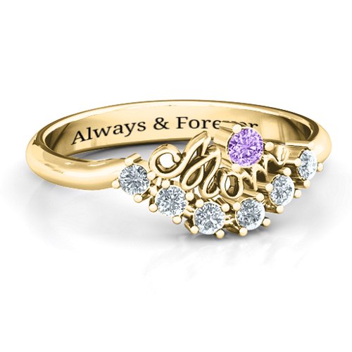 4 - 9 Stone Mom's Glimmering Love Ring – 10K Yellow Gold with Amethyst and Cubic Zirconia