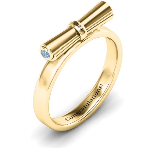 Diploma Scroll Graduation Ring – 10K Yellow Gold with Aquamarine