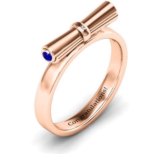 Diploma Scroll Graduation Ring – 10K Rose Gold with Blue Sapphire