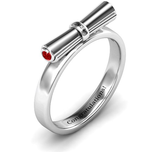 Diploma Scroll Graduation Ring – Sterling Silver with Garnet