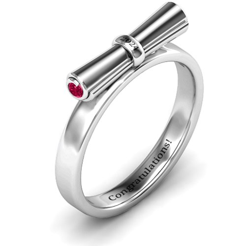 Diploma Scroll Graduation Ring – Sterling Silver with Ruby