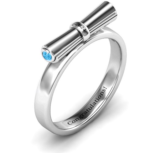 Diploma Scroll Graduation Ring – Sterling Silver with Blue Topaz