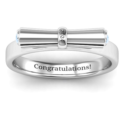 Diploma Scroll Graduation Ring – Sterling Silver with Aquamarine