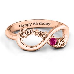 Sweet 16 with Birthstone Infinity Ring in 10K Solid Rose Gold with Ruby