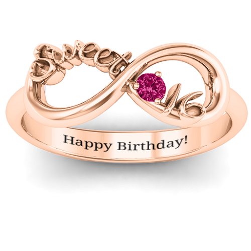 Sweet 16 with Birthstone Infinity Ring – 10K Rose Gold with Ruby