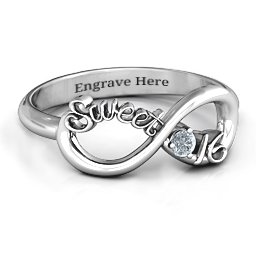 Sweet 16 with Birthstone Infinity Ring in 925 Sterling Silver with Cubic Zirconia