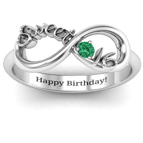 Sweet 16 with Birthstone Infinity Ring – Sterling Silver with Emerald