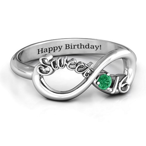 Sweet 16 with Birthstone Infinity Ring – Sterling Silver with Emerald