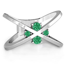 4 Stone Crossover Ring in 925 Sterling Silver with Emerald