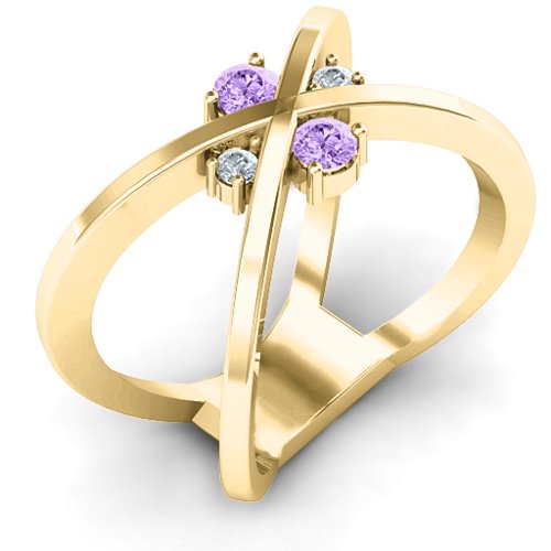 4 Stone Crossover Ring – 10K Yellow Gold with Amethyst and Cubic Zirconia