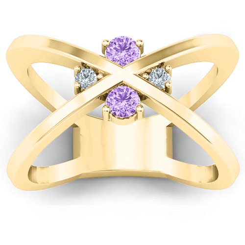 4 Stone Crossover Ring – 10K Yellow Gold with Amethyst and Cubic Zirconia