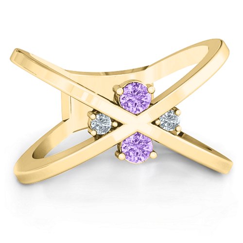 4 Stone Crossover Ring – 10K Yellow Gold with Amethyst and Cubic Zirconia