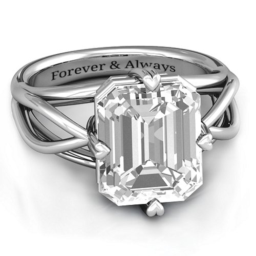 Twisted Shank Emerald Cut Stone with Filigree Ring – Sterling Silver with White Premium Zirconia