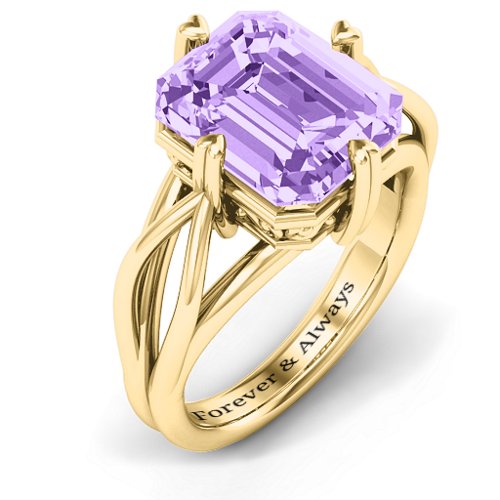Twisted Shank Emerald Cut Stone with Filigree Ring – 10K Yellow Gold with Amethyst Premium Zirconia