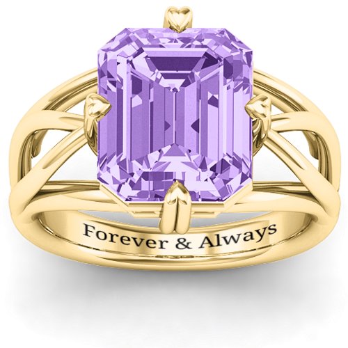 Twisted Shank Emerald Cut Stone with Filigree Ring – 10K Yellow Gold with Amethyst Premium Zirconia