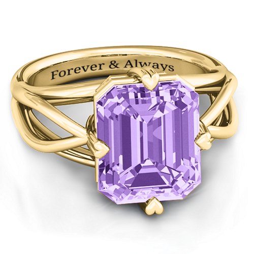 Twisted Shank Emerald Cut Stone with Filigree Ring – 10K Yellow Gold with Amethyst Premium Zirconia
