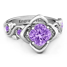 Cushion on Flowers Ring in 925 Sterling Silver with Amethyst