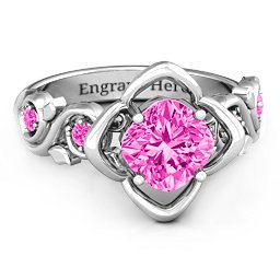 Cushion on Flowers Ring in 925 Sterling Silver with Pink Tourmaline