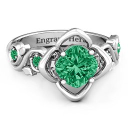 Cushion on Flowers Ring in 925 Sterling Silver with Green Premium Zirconia and Emerald