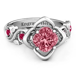 Cushion on Flowers Ring in 925 Sterling Silver with Red Premium Zirconia and Ruby