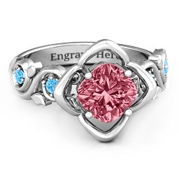 Cushion on Flowers Ring in 925 Sterling Silver with Red Premium Zirconia and Blue Topaz