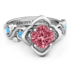 Cushion on Flowers Ring – 10K Yellow Gold with Red Premium Zirconia and Blue Topaz