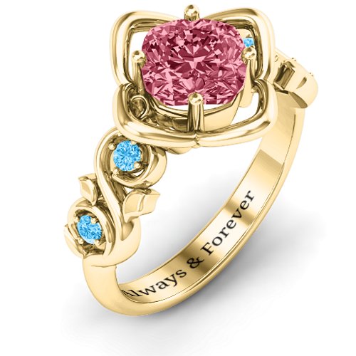 Cushion on Flowers Ring – 10K Yellow Gold with Red Premium Zirconia and Blue Topaz