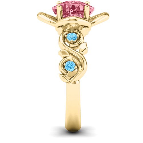 Cushion on Flowers Ring – 10K Yellow Gold with Red Premium Zirconia and Blue Topaz