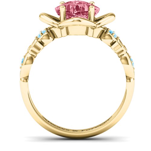 Cushion on Flowers Ring – 10K Yellow Gold with Red Premium Zirconia and Blue Topaz