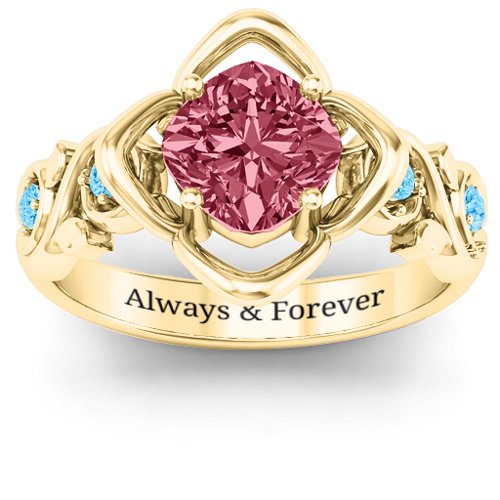 Cushion on Flowers Ring – 10K Yellow Gold with Red Premium Zirconia and Blue Topaz