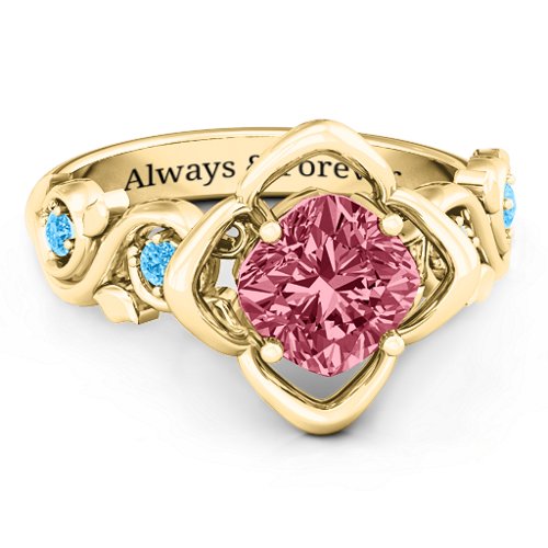 Cushion on Flowers Ring – 10K Yellow Gold with Red Premium Zirconia and Blue Topaz