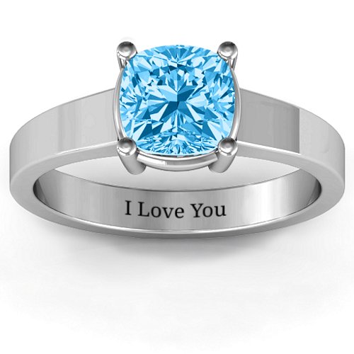 Cushion Cut Solitaire Ring – Sterling Silver with Blue Topaz