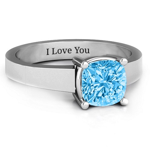 Cushion Cut Solitaire Ring – Sterling Silver with Blue Topaz
