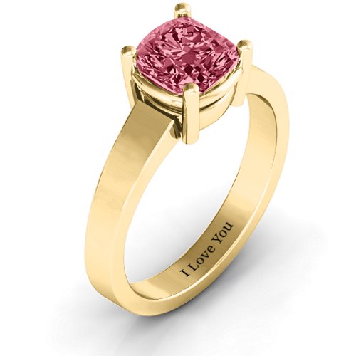 Cushion Cut Solitaire Ring – 10K Yellow Gold with Red Premium Zirconia