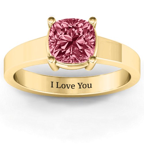 Cushion Cut Solitaire Ring – 10K Yellow Gold with Red Premium Zirconia
