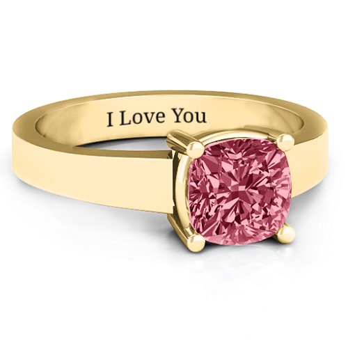Cushion Cut Solitaire Ring – 10K Yellow Gold with Red Premium Zirconia