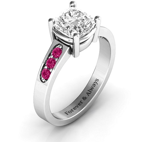 Cushion Cut Solitaire with Accents Ring – Sterling Silver with White Premium Zirconia and Ruby