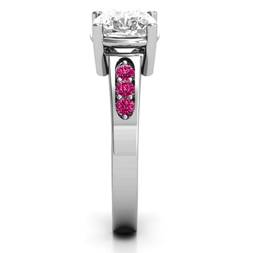 Cushion Cut Solitaire with Accents Ring – Sterling Silver with White Premium Zirconia and Ruby