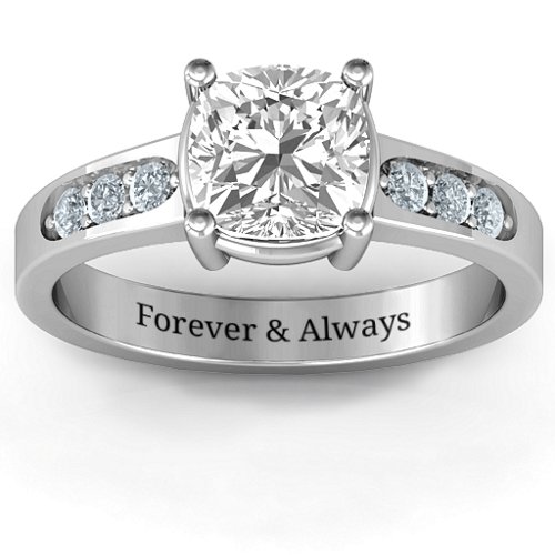 Cushion Cut Solitaire with Accents Ring – Sterling Silver with White Premium Zirconia and Cubic Zirconia