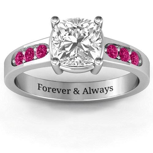Cushion Cut Solitaire with Accents Ring – Sterling Silver with White Premium Zirconia and Ruby