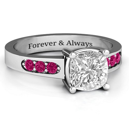 Cushion Cut Solitaire with Accents Ring – Sterling Silver with White Premium Zirconia and Ruby